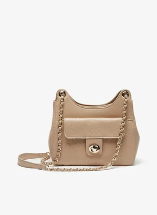 Womens Solid Shoudler Bag with Chain Accented Handle and Zip Closure By Shoexpress