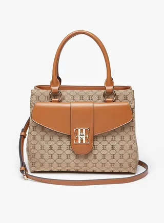 Women's All-Over Monogram Print Tote Bag with Top Handles and Zip Closure