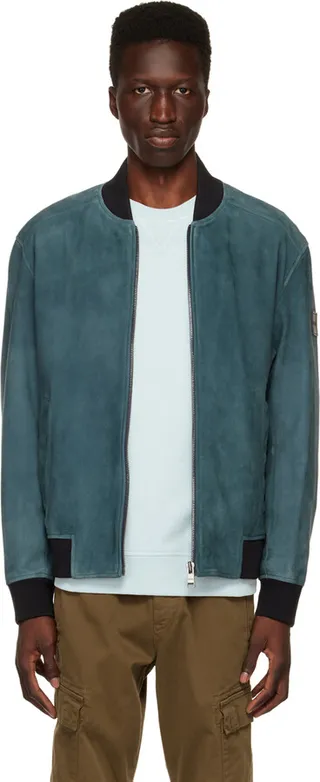 BOSS Blue Jamaro Leather Bomber Jacket