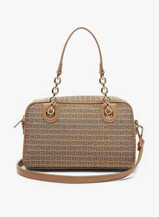 Womens Monogram Print Shoulder Bag with Chain Handles and Detachable Strap By Shoexpress