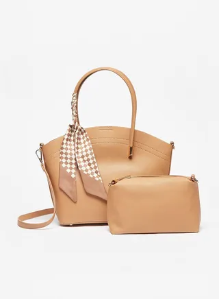 Womens Solid Tote Bag and Pouch Set