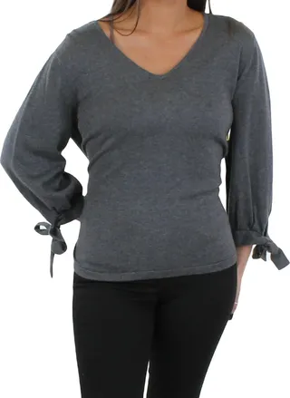 Womens Knit Tie Sleeve V-Neck Sweater