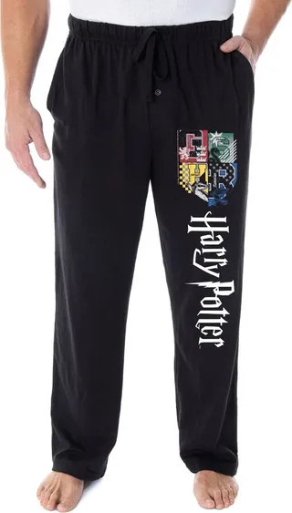 Harry Potter Adult Mens' Hogwarts Crest Collegiate Style Pajama Lounge Pants (M) Black