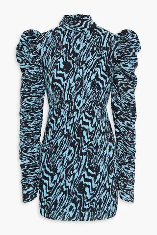 Marine bow-detailed printed plissé-crepe mini dress