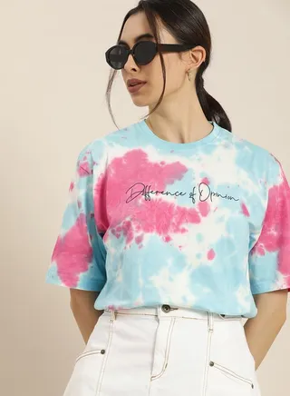 Oversized Tie Dye Typographic Print T-Shirt with Short Sleeves