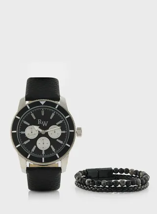 Sporty Analogue Watch & Beaded Bracelet Gift Set