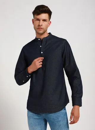 Mandarin Collar Casual Shirt with Roll-Up Sleeve