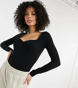ASOS DESIGN Tall rib bodysuit with bust seams and long sleeve in black