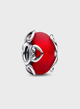 Frosted Red Murano Glass & Hearts Charm