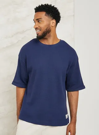 Waffle Knit Oversized T-Shirt with Turn Up Sleeve