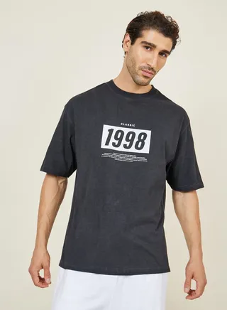 Oversized Acid Washed 1998 Slogan Print T-Shirt