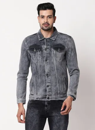 Washed Collared Cotton Denim Jacket