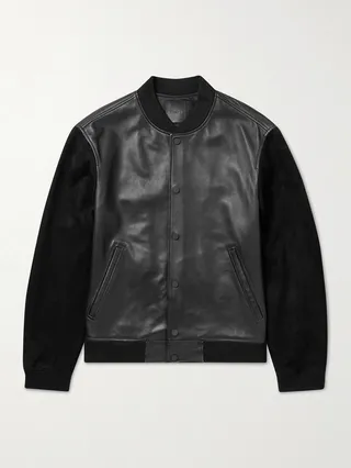 Varsity Suede-Trimmed Leather Bomber Jacket
