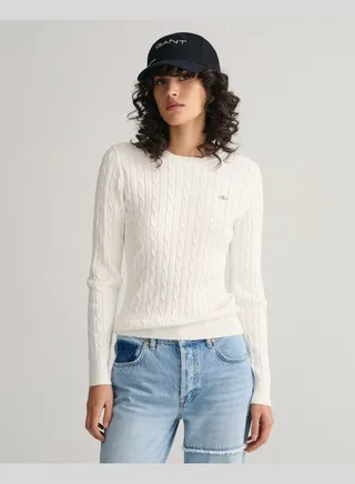 Stretch Cotton Cable Knit Crew Neck Sweater