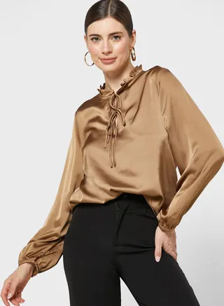 Tie Neck Blouson Sleeve Blouse