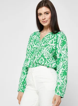 Linen Rich Printed Collarless Blouse