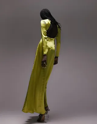 Topshop open back long sleeve satin occasion maxi dress in chartreuse