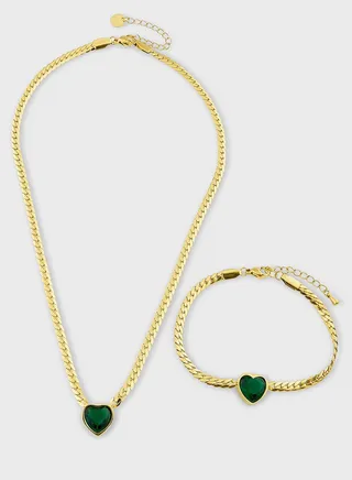Heart Pendant  Chain Necklace & Bracelet  Set