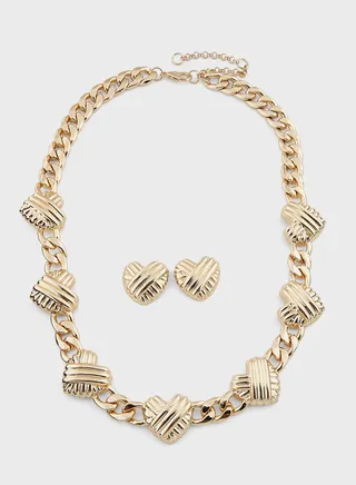 Statement Heart Chain Necklace & Stud Earrings Set
