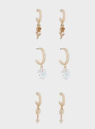 3 Pack Heart Charm Hoop Earrings Set