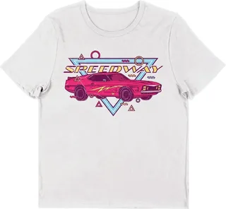 Retro Muscle Car Speedway Women’s White Short Sleeve Crew Neck Tee-Medium