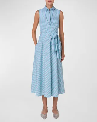 Striped Poplin Wrap Midi Dress