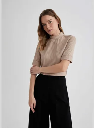 Woman Mock Neck Knitted Short Sleeve T-Shirt