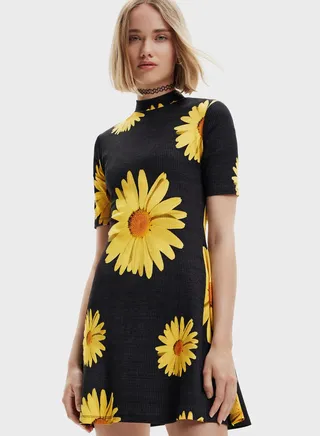 Ribbed Floral Print Dress