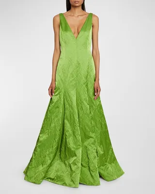 Plunging Sleeveless Satin Gown