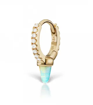 6.5mm Single Opal Spike Diamond Eternity Yellow Gold Hoop Earring