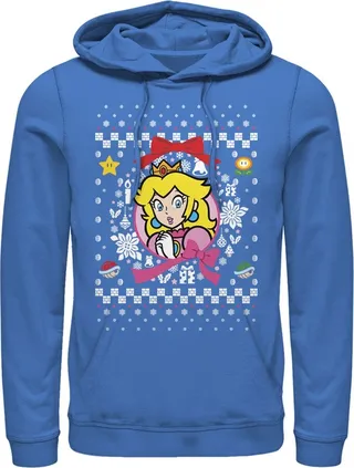 Men's Nintendo Ugly Christmas Peach Wreath Pull Over Hoodie - Royal Blue - X Large