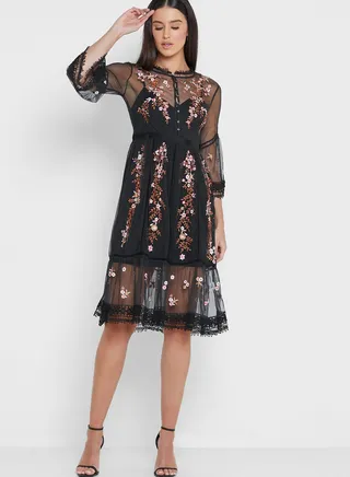 Embroidered Button Detail Dress