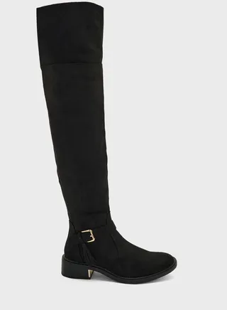 Black Faux Suede Buckle Down Collar Long Boots