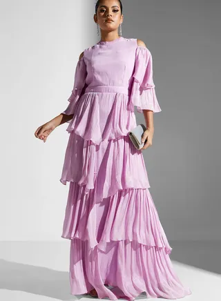 Zena Louay Cold Shoulder Dress With Layers