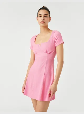 Tissued Cut Out Detail Square Neck Short Sleeve Mini Dress