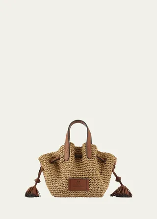 Small Drawstring Straw Crossbody Tote Bag