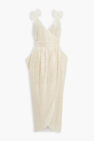Wrap-effect sequined mesh midi dress