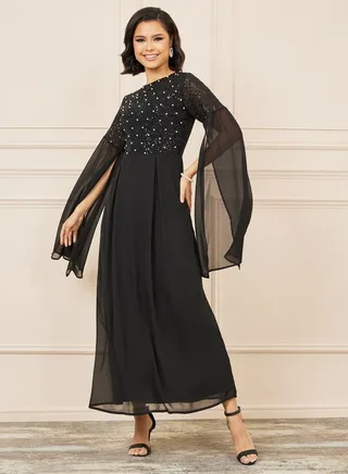 Beaded Sequin Detail Cape Sleeves A-Line Maxi Dress