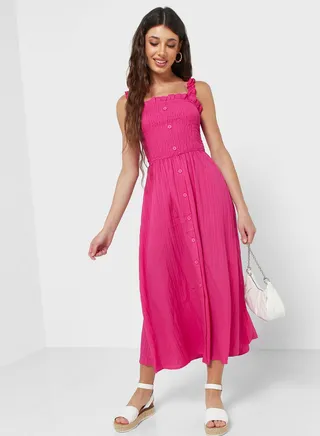 Square Neck Button Detail Dress