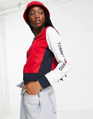 Tommy Jeans colorblock pullover logo sleeve in red