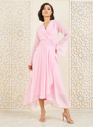 Pleated Waist Asymmetric Hem Midi Dress