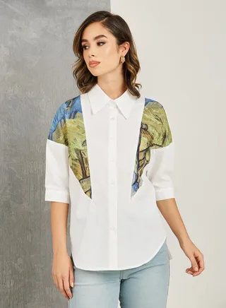 Patch Print Detail Shirt with Button Placket