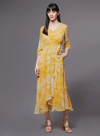 Leaf Print Asymmetric Hem A-Line Midi Dress