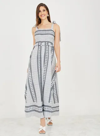 Bohemian Print Smocked Frill Detail A-Line Maxi Dress