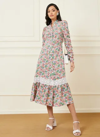 Lace Insert Floral Print A-Line Midi Dress