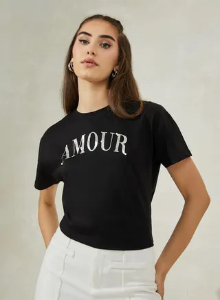 Regular Fit Dropped Shoulder Amour Rhinestone Slogan T-Shirt
