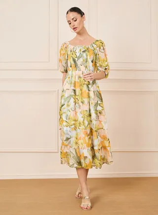 Paisley Print Smocked Pleated Tiered Midi Dress
