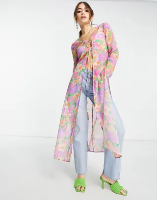ASOS DESIGN long sleeve sheer tie front maxi kimono in pink & bright print