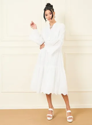 Schiffli Tie Up Notch Neck Tiered Midi Dress