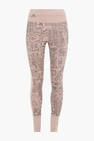 Mesh-paneled snake-print stretch leggings